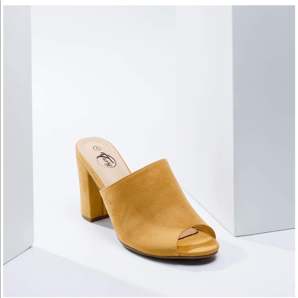 Chunky High Heel Mules Peep Toe Slide Sandals - Picture 2 of 5